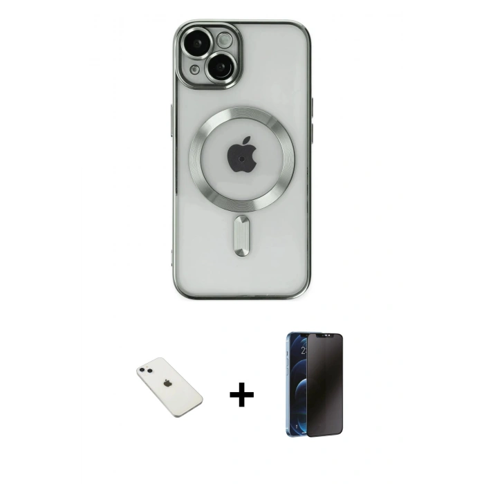 MARSİLYAN™- iPhone 14 Kılıf Nova Işık Özel Seri - Siyah 3D Antistatik Hayalet Cam Ekran Koruyucu + Diamond Kamera Lens - SABE