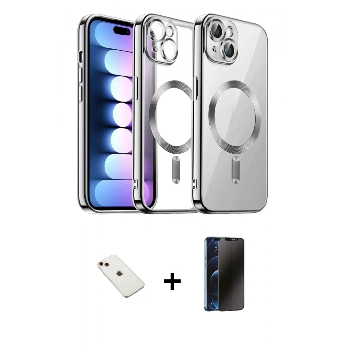 MARSİLYAN™- iPhone 14 Kılıf Nova Işık Özel Seri - Siyah 3D Antistatik Hayalet Cam Ekran Koruyucu + Diamond Kamera Lens - KI