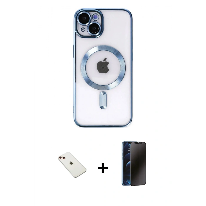 MARSİLYAN™- iPhone 14 Kılıf Nova Işık Özel Seri - Siyah 3D Antistatik Hayalet Cam Ekran Koruyucu + Diamond Kamera Lens - KI