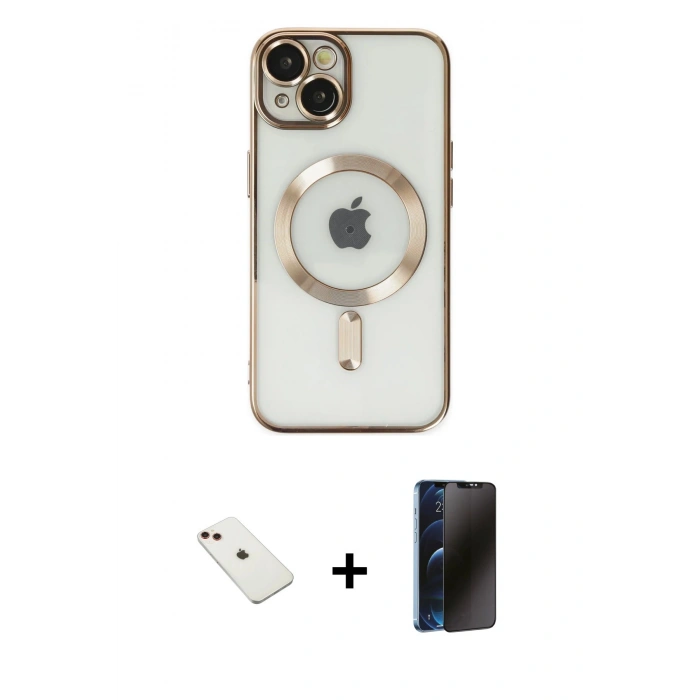 MARSİLYAN™- iPhone 14 Kılıf Nova Işık Özel Seri - Siyah 3D Antistatik Hayalet Cam Ekran Koruyucu + Diamond Kamera Lens - KI