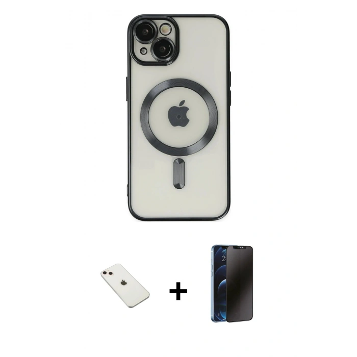 MARSİLYAN™- iPhone 14 Kılıf Nova Işık Özel Seri - Siyah 3D Antistatik Hayalet Cam Ekran Koruyucu + Diamond Kamera Lens - PE