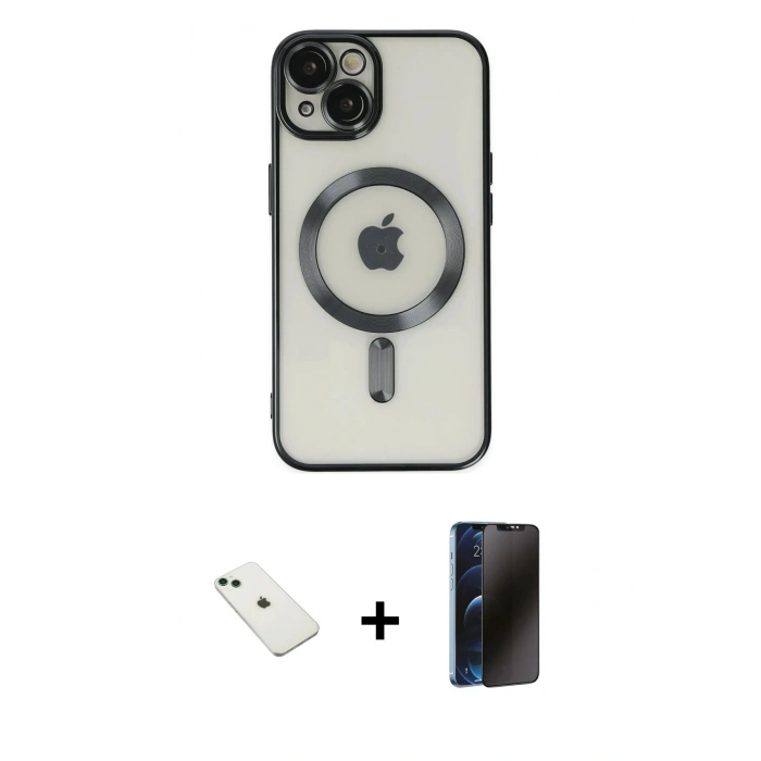 MARSİLYAN™- iPhone 14 Kılıf Nova Işık Özel Seri - Siyah 3D Antistatik Hayalet Cam Ekran Koruyucu + Diamond Kamera Lens - YL