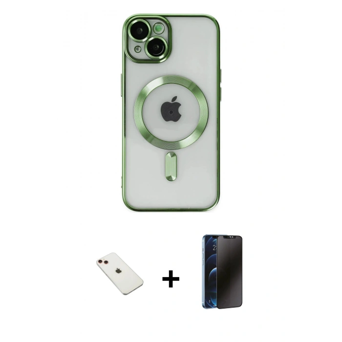 MARSİLYAN™- iPhone 14 Kılıf Nova Işık Özel Seri - Siyah 3D Antistatik Hayalet Cam Ekran Koruyucu + Diamond Kamera Lens - KI