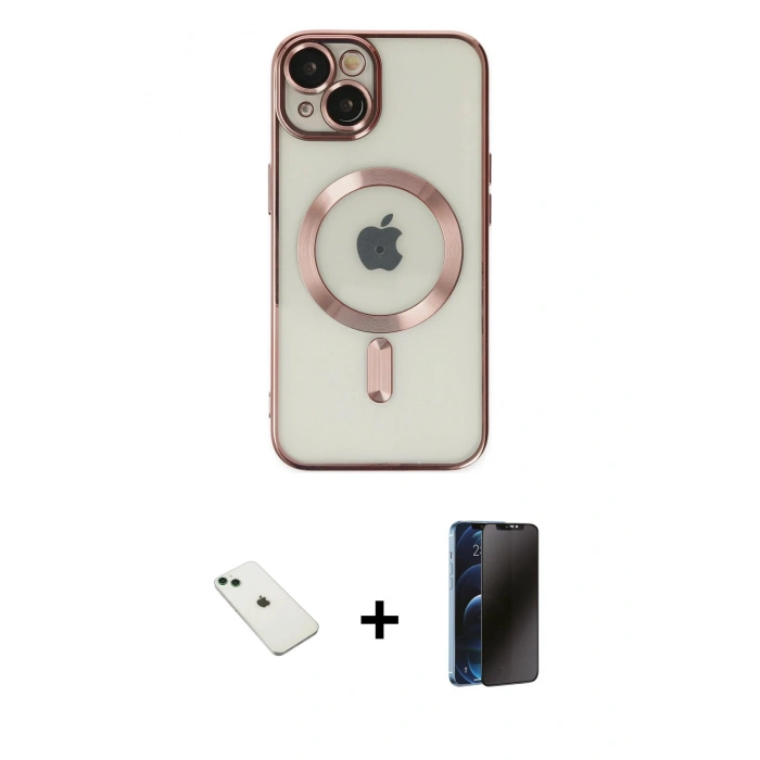 MARSİLYAN™- iPhone 14 Kılıf Nova Işık Özel Seri - Siyah 3D Antistatik Hayalet Cam Ekran Koruyucu + Diamond Kamera Lens - YL
