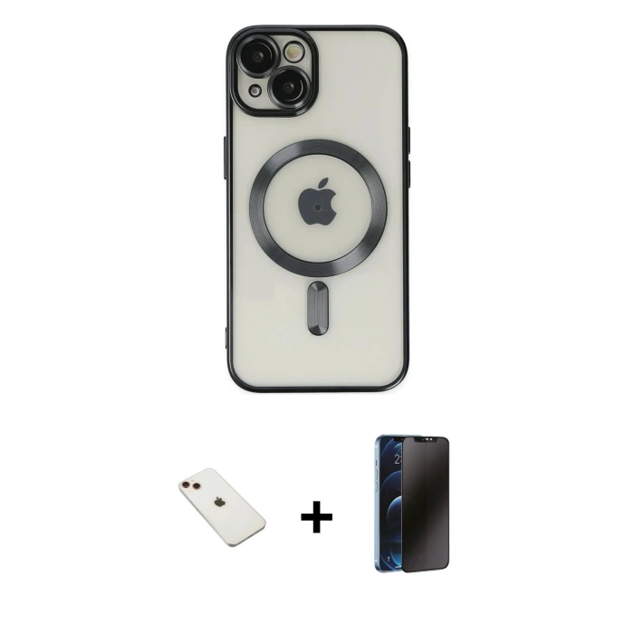 MARSİLYAN™- iPhone 14 Kılıf Nova Işık Özel Seri - Siyah 3D Antistatik Hayalet Cam Ekran Koruyucu + Diamond Kamera Lens - KI