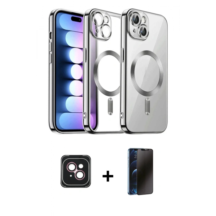 MARSİLYAN™- iPhone 14 Kılıf Nova Işık Özel Seri - Siyah 3D Antistatik Hayalet Cam Ekran Koruyucu + PVD Metal Kamera Lens - PE