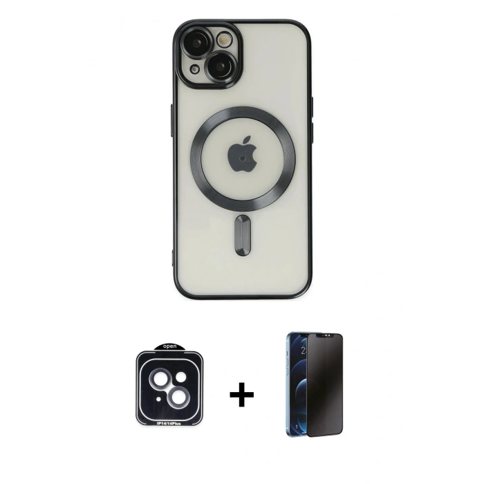 MARSİLYAN™- iPhone 14 Kılıf Nova Işık Özel Seri - Siyah 3D Antistatik Hayalet Cam Ekran Koruyucu + PVD Metal Kamera Lens - SH