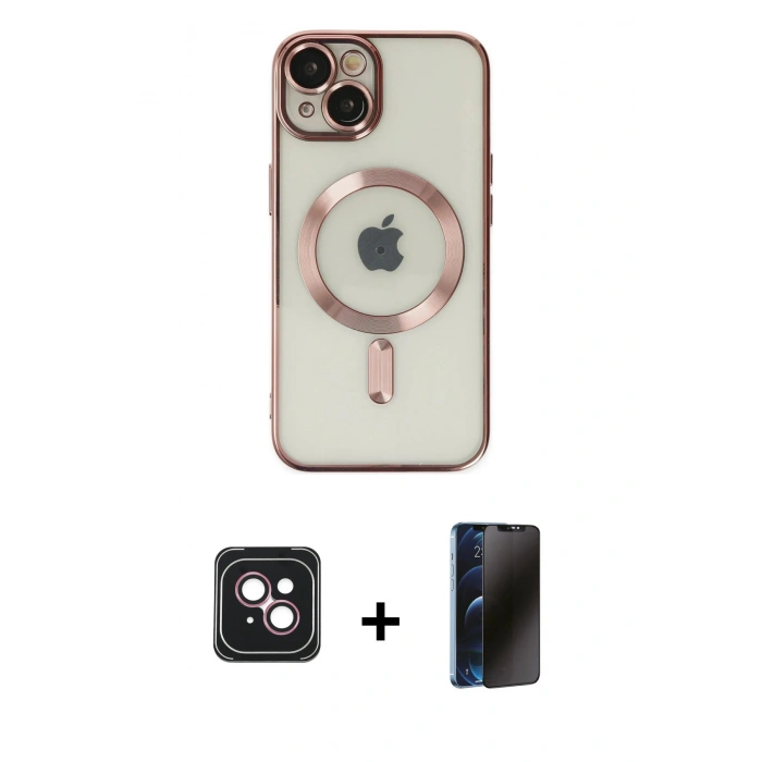MARSİLYAN™- iPhone 14 Kılıf Nova Işık Özel Seri - Siyah 3D Antistatik Hayalet Cam Ekran Koruyucu + PVD Metal Kamera Lens - PE