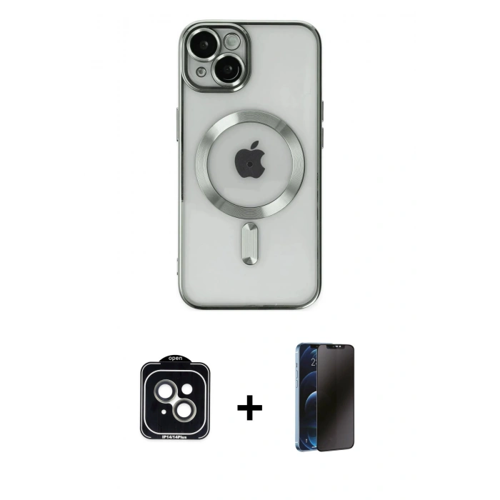 MARSİLYAN™- iPhone 14 Kılıf Nova Işık Özel Seri - Siyah 3D Antistatik Hayalet Cam Ekran Koruyucu + PVD Metal Kamera Lens - YL