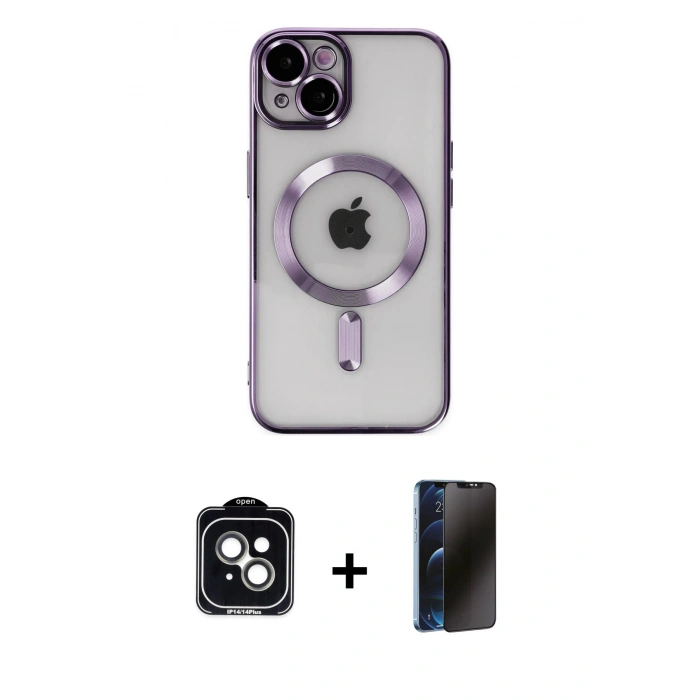 MARSİLYAN™- iPhone 14 Kılıf Nova Işık Özel Seri - Siyah 3D Antistatik Hayalet Cam Ekran Koruyucu + PVD Metal Kamera Lens - YL