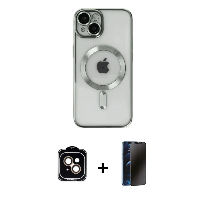 MARSİLYAN™- iPhone 14 Kılıf Nova Işık Özel Seri - Siyah 3D Antistatik Hayalet Cam Ekran Koruyucu + PVD Metal Kamera Lens - TU