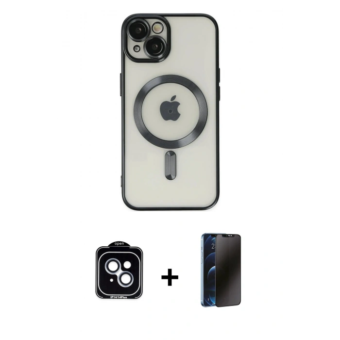 MARSİLYAN™- iPhone 14 Kılıf Nova Işık Özel Seri - Siyah 3D Antistatik Hayalet Cam Ekran Koruyucu + PVD Metal Kamera Lens - MI