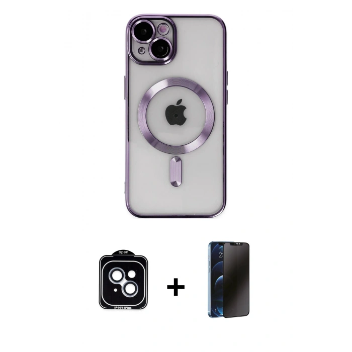 MARSİLYAN™- iPhone 14 Kılıf Nova Işık Özel Seri - Siyah 3D Antistatik Hayalet Cam Ekran Koruyucu + PVD Metal Kamera Lens - MI