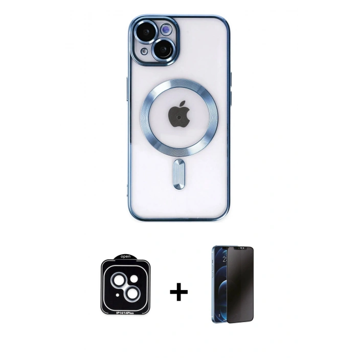 MARSİLYAN™- iPhone 14 Kılıf Nova Işık Özel Seri - Siyah 3D Antistatik Hayalet Cam Ekran Koruyucu + PVD Metal Kamera Lens - MI