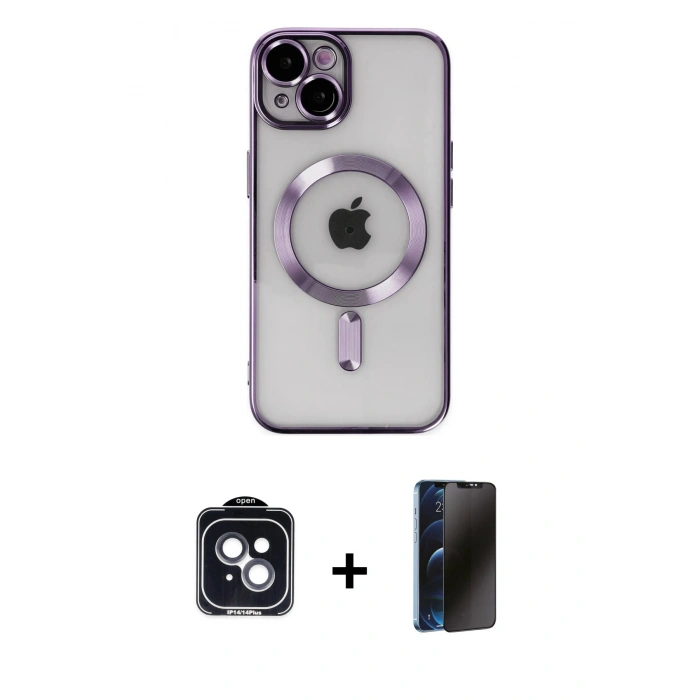 MARSİLYAN™- iPhone 14 Kılıf Nova Işık Özel Seri - Siyah 3D Antistatik Hayalet Cam Ekran Koruyucu + PVD Metal Kamera Lens - SH