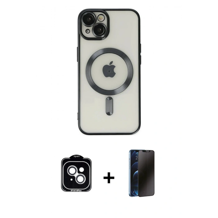 MARSİLYAN™- iPhone 14 Kılıf Nova Işık Özel Seri - Siyah 3D Antistatik Hayalet Cam Ekran Koruyucu + PVD Metal Kamera Lens - GS