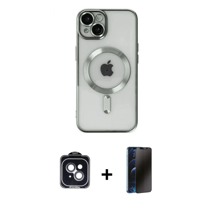 MARSİLYAN™- iPhone 14 Kılıf Nova Işık Özel Seri - Siyah 3D Antistatik Hayalet Cam Ekran Koruyucu + PVD Metal Kamera Lens - SH