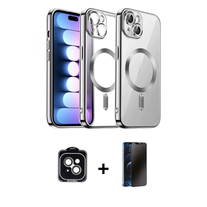 MARSİLYAN™- iPhone 14 Kılıf Nova Işık Özel Seri - Siyah 3D Antistatik Hayalet Cam Ekran Koruyucu + PVD Metal Kamera Lens - YL