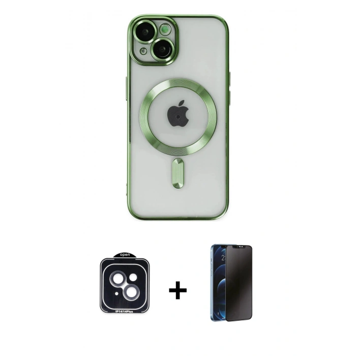 MARSİLYAN™- iPhone 14 Kılıf Nova Işık Özel Seri - Siyah 3D Antistatik Hayalet Cam Ekran Koruyucu + PVD Metal Kamera Lens - SH