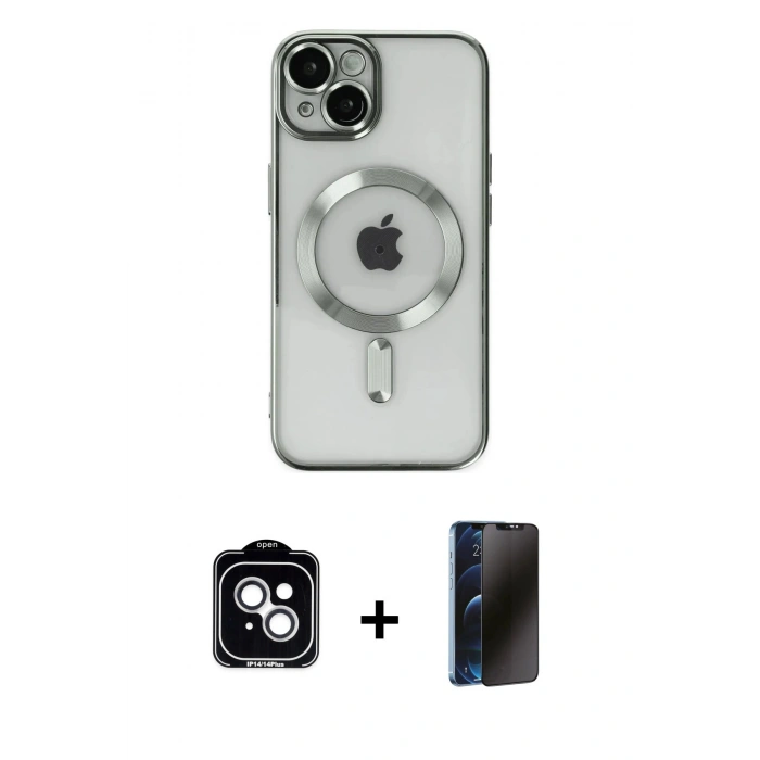 MARSİLYAN™- iPhone 14 Kılıf Nova Işık Özel Seri - Siyah 3D Antistatik Hayalet Cam Ekran Koruyucu + PVD Metal Kamera Lens - GS