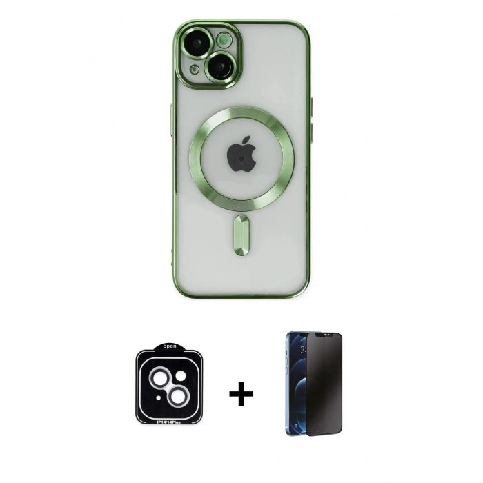 MARSİLYAN™- iPhone 14 Kılıf Nova Işık Özel Seri - Siyah 3D Antistatik Hayalet Cam Ekran Koruyucu + PVD Metal Kamera Lens - GS