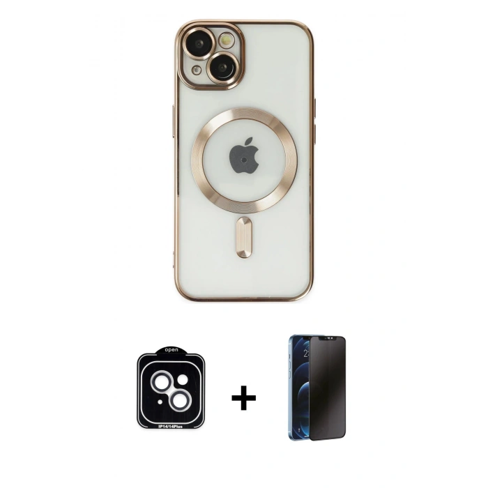 MARSİLYAN™- iPhone 14 Kılıf Nova Işık Özel Seri - Siyah 3D Antistatik Hayalet Cam Ekran Koruyucu + PVD Metal Kamera Lens - GS