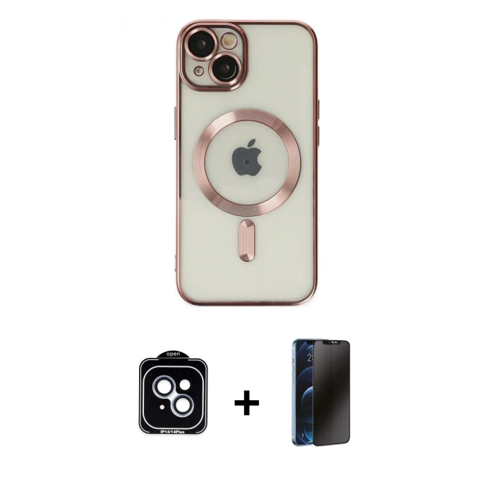 MARSİLYAN™- iPhone 14 Kılıf Nova Işık Özel Seri - Siyah 3D Antistatik Hayalet Cam Ekran Koruyucu + PVD Metal Kamera Lens - MI