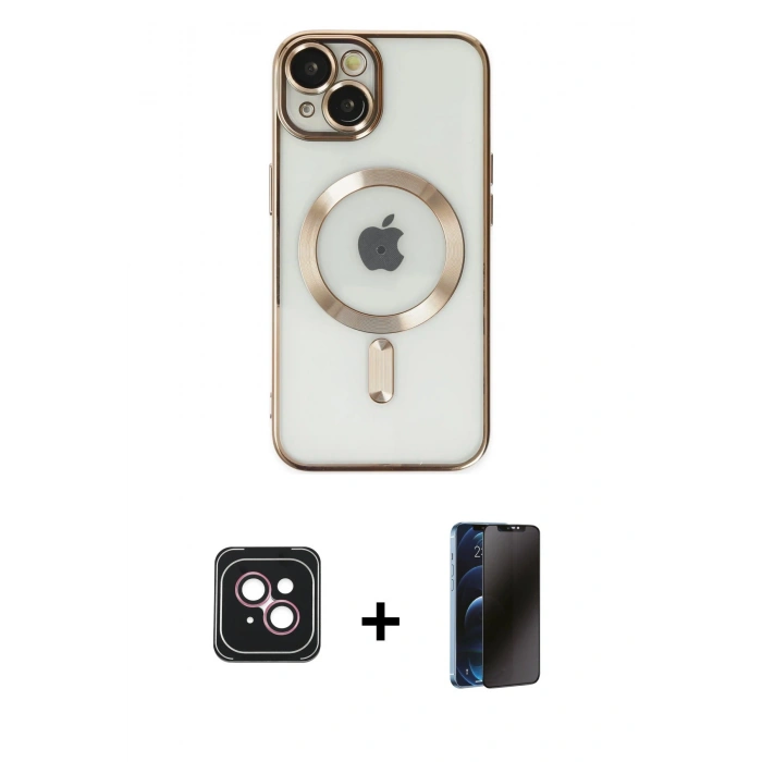 MARSİLYAN™- iPhone 14 Kılıf Nova Işık Özel Seri - Siyah 3D Antistatik Hayalet Cam Ekran Koruyucu + PVD Metal Kamera Lens - PE