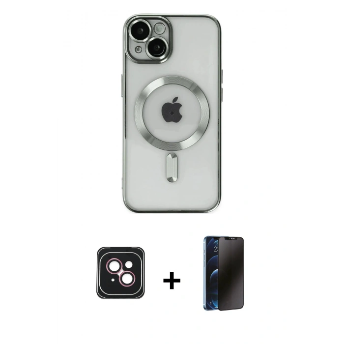MARSİLYAN™- iPhone 14 Kılıf Nova Işık Özel Seri - Siyah 3D Antistatik Hayalet Cam Ekran Koruyucu + PVD Metal Kamera Lens - PE