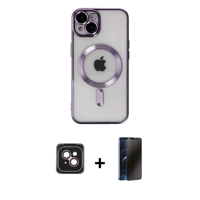 MARSİLYAN™- iPhone 14 Kılıf Nova Işık Özel Seri - Siyah 3D Antistatik Hayalet Cam Ekran Koruyucu + PVD Metal Kamera Lens - PE