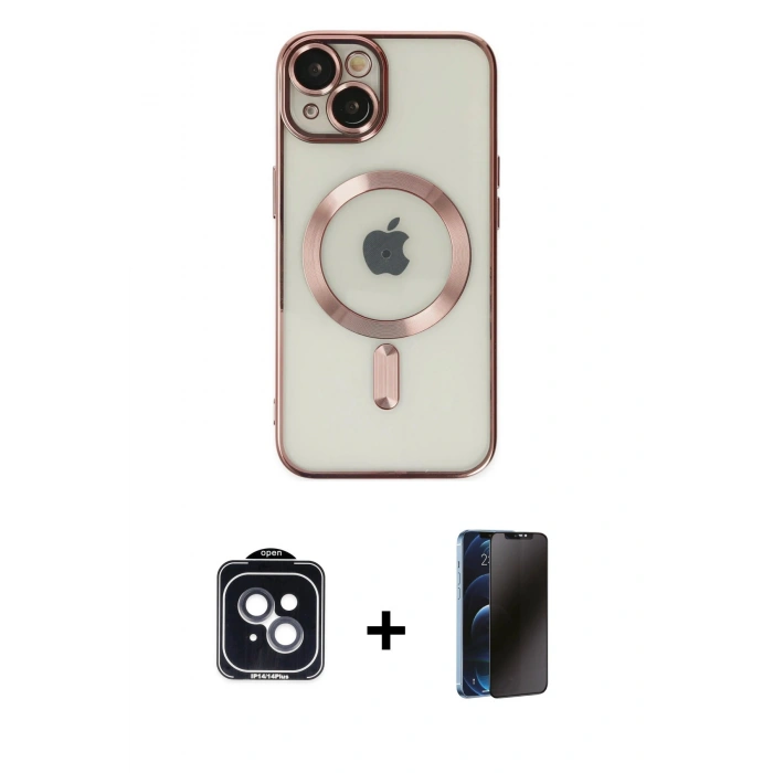 MARSİLYAN™- iPhone 14 Kılıf Nova Işık Özel Seri - Siyah 3D Antistatik Hayalet Cam Ekran Koruyucu + PVD Metal Kamera Lens - SH