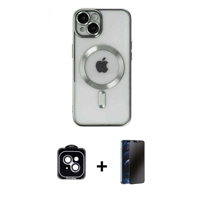 MARSİLYAN™- iPhone 14 Kılıf Nova Işık Özel Seri - Siyah 3D Antistatik Hayalet Cam Ekran Koruyucu + PVD Metal Kamera Lens - MI