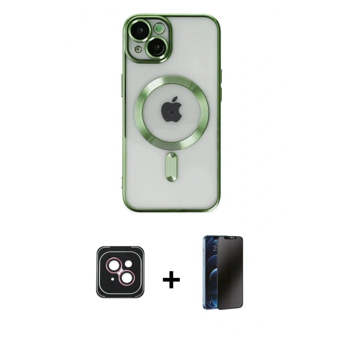 MARSİLYAN™- iPhone 14 Kılıf Nova Işık Özel Seri - Siyah 3D Antistatik Hayalet Cam Ekran Koruyucu + PVD Metal Kamera Lens - PE