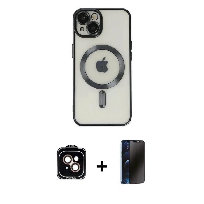 MARSİLYAN™- iPhone 14 Kılıf Nova Işık Özel Seri - Siyah 3D Antistatik Hayalet Cam Ekran Koruyucu + PVD Metal Kamera Lens - TU