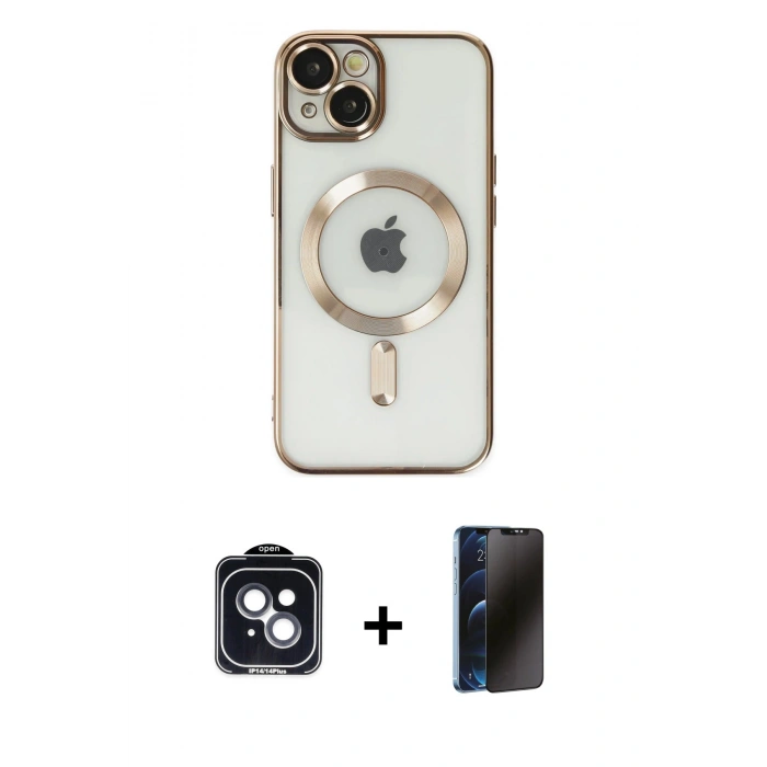 MARSİLYAN™- iPhone 14 Kılıf Nova Işık Özel Seri - Siyah 3D Antistatik Hayalet Cam Ekran Koruyucu + PVD Metal Kamera Lens - SH