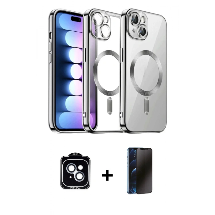 MARSİLYAN™- iPhone 14 Kılıf Nova Işık Özel Seri - Siyah 3D Antistatik Hayalet Cam Ekran Koruyucu + PVD Metal Kamera Lens - MI