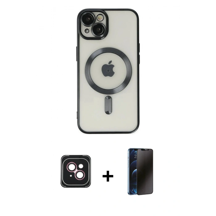 MARSİLYAN™- iPhone 14 Kılıf Nova Işık Özel Seri - Siyah 3D Antistatik Hayalet Cam Ekran Koruyucu + PVD Metal Kamera Lens - PE