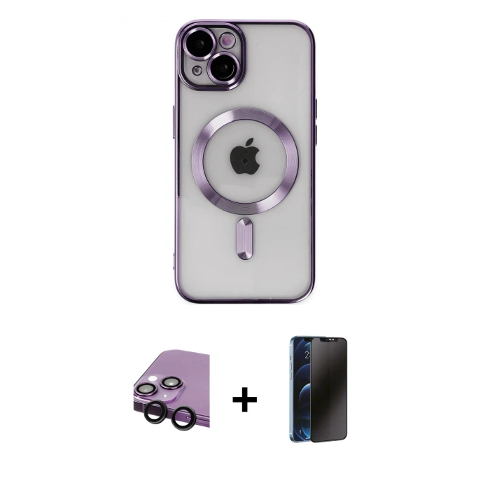 MARSİLYAN™- iPhone 14 Kılıf Nova Işık Özel Seri - Siyah 3D Antistatik Hayalet Cam Ekran Koruyucu + Raze Metal Kamera Lens - SH