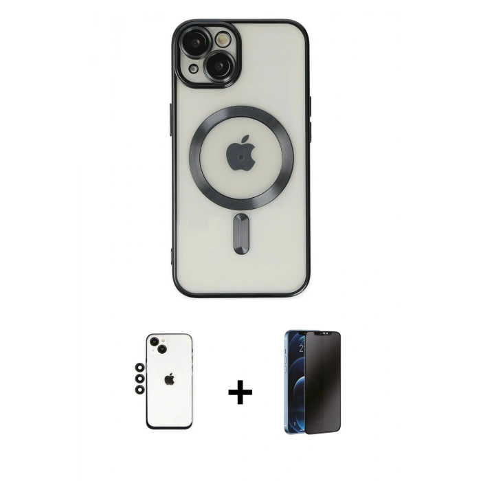 MARSİLYAN™- iPhone 14 Kılıf Nova Işık Özel Seri - Siyah 3D Antistatik Hayalet Cam Ekran Koruyucu + Shine Kamera Lens - SH