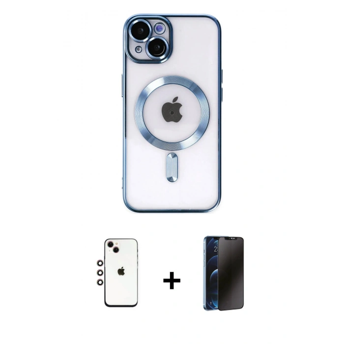 MARSİLYAN™- iPhone 14 Kılıf Nova Işık Özel Seri - Siyah 3D Antistatik Hayalet Cam Ekran Koruyucu + Shine Kamera Lens - GI
