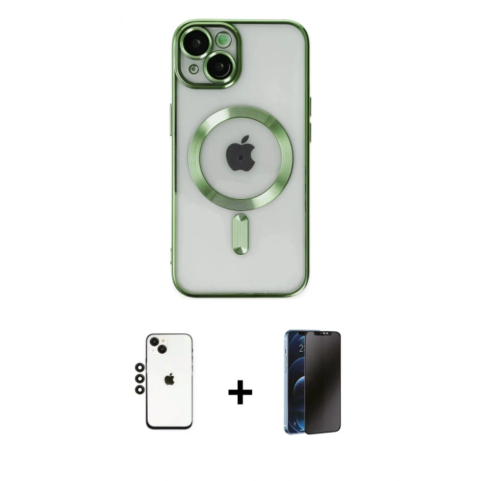 MARSİLYAN™- iPhone 14 Kılıf Nova Işık Özel Seri - Siyah 3D Antistatik Hayalet Cam Ekran Koruyucu + Shine Kamera Lens - SH