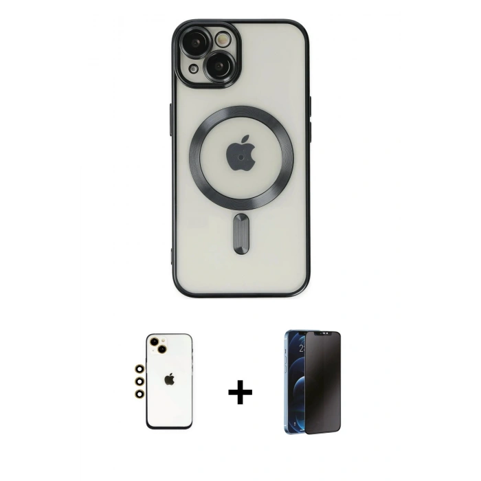 MARSİLYAN™- iPhone 14 Kılıf Nova Işık Özel Seri - Siyah 3D Antistatik Hayalet Cam Ekran Koruyucu + Shine Kamera Lens - GD