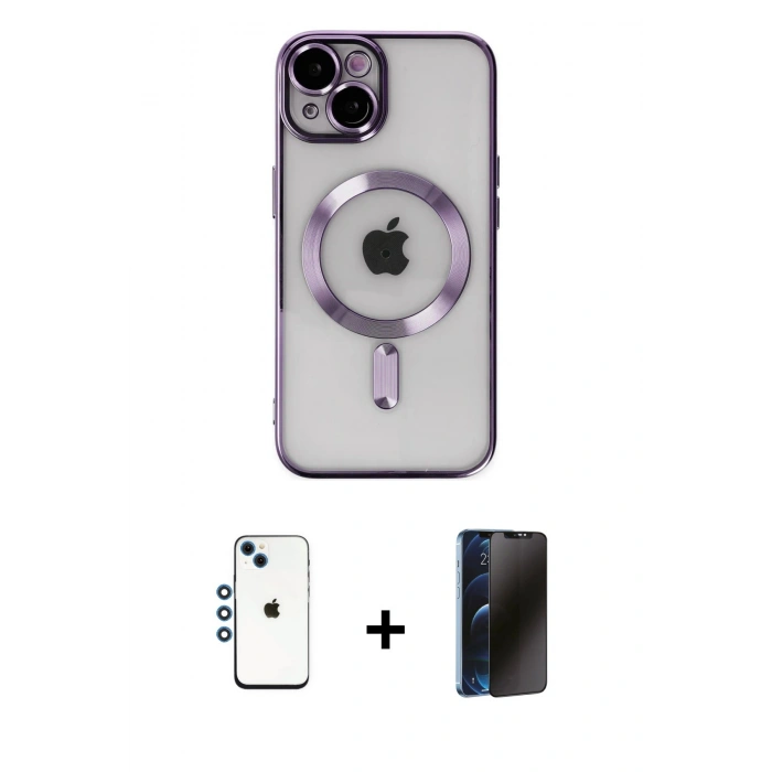 MARSİLYAN™- iPhone 14 Kılıf Nova Işık Özel Seri - Siyah 3D Antistatik Hayalet Cam Ekran Koruyucu + Shine Kamera Lens - MI