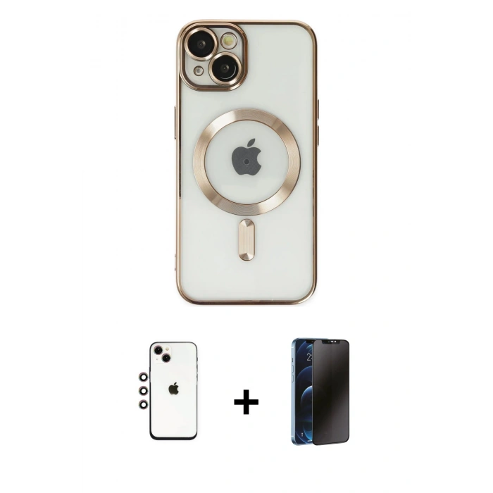 MARSİLYAN™- iPhone 14 Kılıf Nova Işık Özel Seri - Siyah 3D Antistatik Hayalet Cam Ekran Koruyucu + Shine Kamera Lens - GI