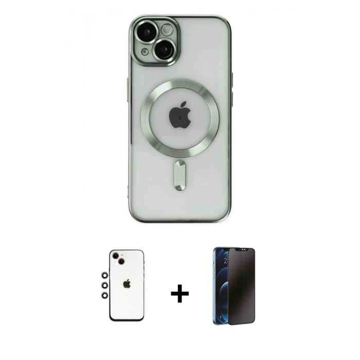 MARSİLYAN™- iPhone 14 Kılıf Nova Işık Özel Seri - Siyah 3D Antistatik Hayalet Cam Ekran Koruyucu + Shine Kamera Lens - GI