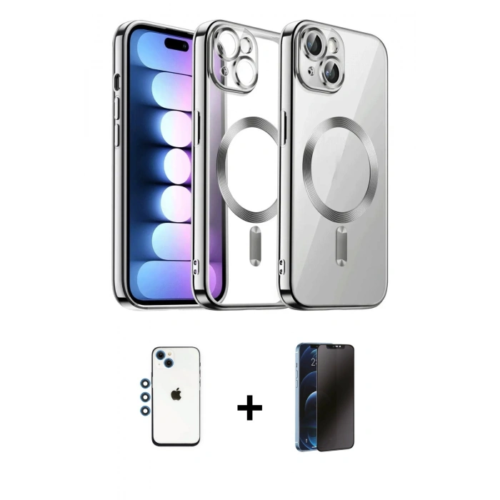 MARSİLYAN™- iPhone 14 Kılıf Nova Işık Özel Seri - Siyah 3D Antistatik Hayalet Cam Ekran Koruyucu + Shine Kamera Lens - MI