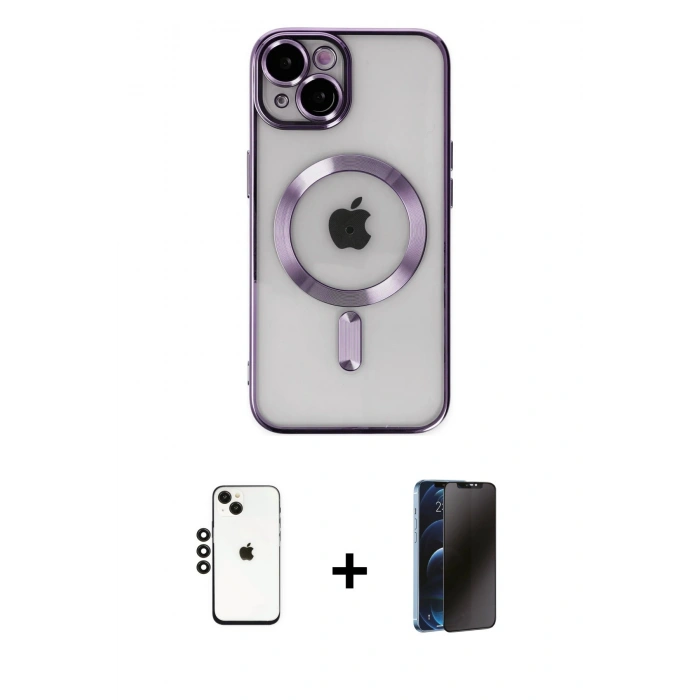 MARSİLYAN™- iPhone 14 Kılıf Nova Işık Özel Seri - Siyah 3D Antistatik Hayalet Cam Ekran Koruyucu + Shine Kamera Lens - SH