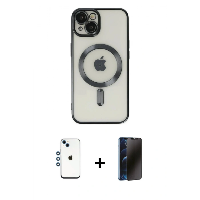 MARSİLYAN™- iPhone 14 Kılıf Nova Işık Özel Seri - Siyah 3D Antistatik Hayalet Cam Ekran Koruyucu + Shine Kamera Lens - MI