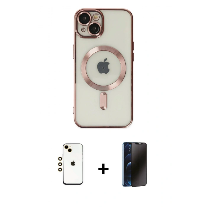 MARSİLYAN™- iPhone 14 Kılıf Nova Işık Özel Seri - Siyah 3D Antistatik Hayalet Cam Ekran Koruyucu + Shine Kamera Lens - GD
