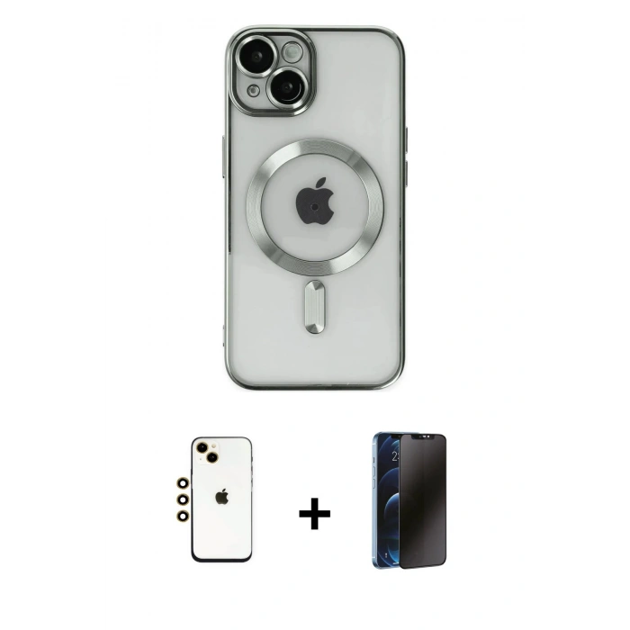MARSİLYAN™- iPhone 14 Kılıf Nova Işık Özel Seri - Siyah 3D Antistatik Hayalet Cam Ekran Koruyucu + Shine Kamera Lens - GD